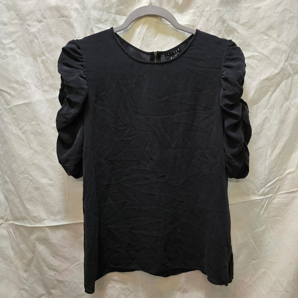 Theory Avonlee Ruched Sleeve Black Silk Top Short Sleeve Blouse Women's Large